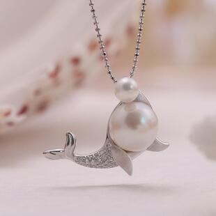 DIY珍珠配件s925纯银精工时尚双珠海豚吊坠项坠项链坠空托配饰品