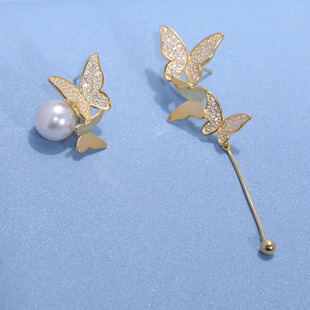 DIY珍珠配件s925纯银左右不对称经典蝴蝶耳坠耳钉耳饰空托配饰品