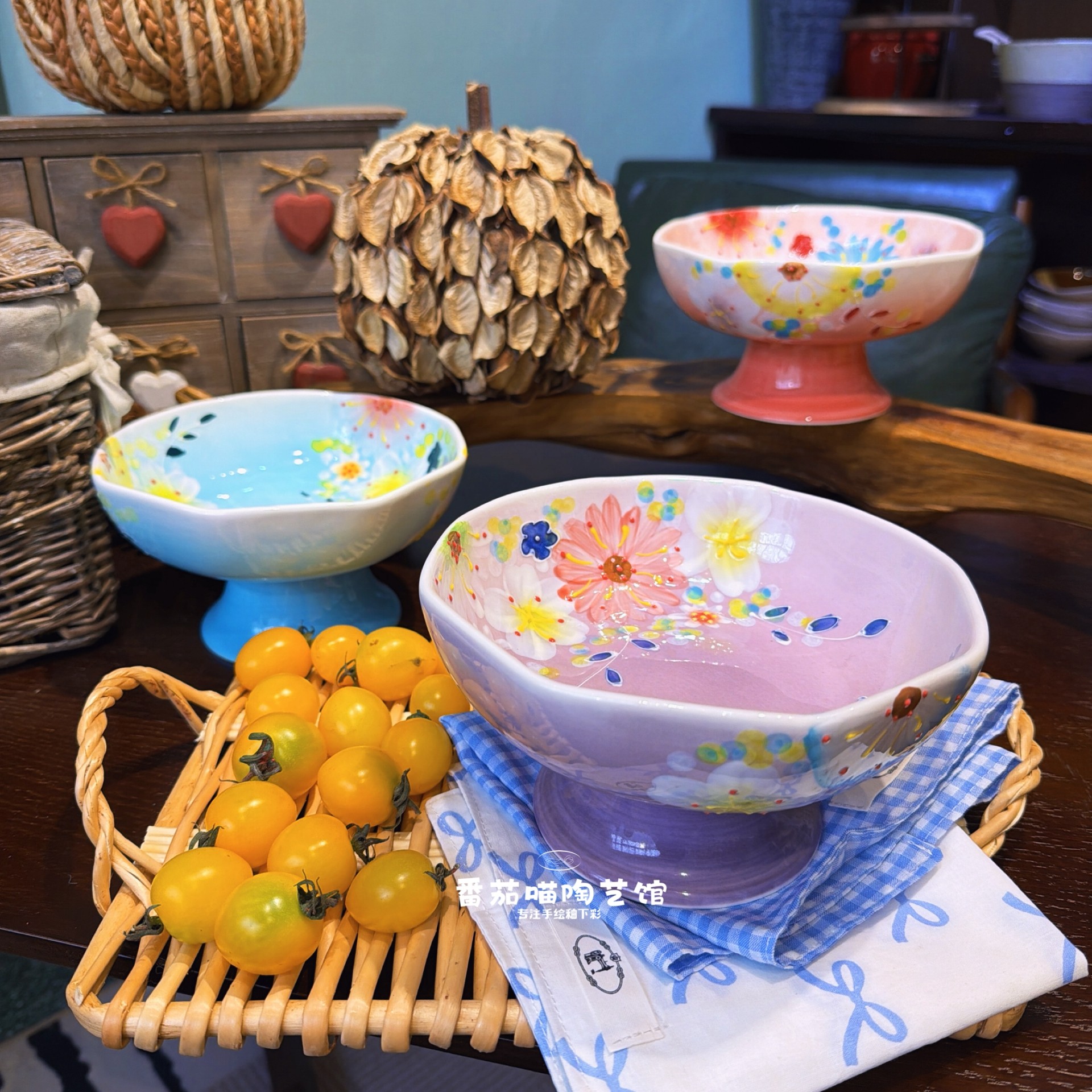 濑户烧陶瓷小碎花田园风高脚盘干果水果糖果盘小食盘下午茶甜品碟,餐饮具,盘,淘宝优惠券,粉丝福利购,淘宝优惠卷