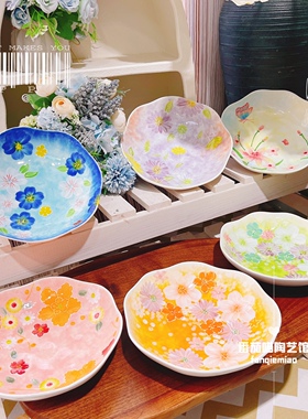 F03濑户烧陶瓷釉下彩8寸深盘异形荷口饭盘菜盘家用餐具高温手绘盘