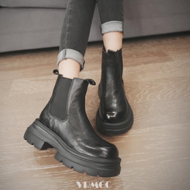 复古棕色手工真皮厚底切尔西靴