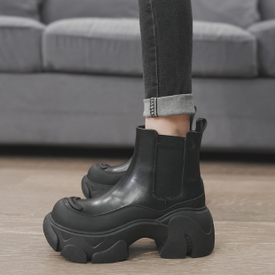 欧洲站2025新款 高跟短靴英伦风真皮增高厚底烟筒切尔西靴女潮单靴