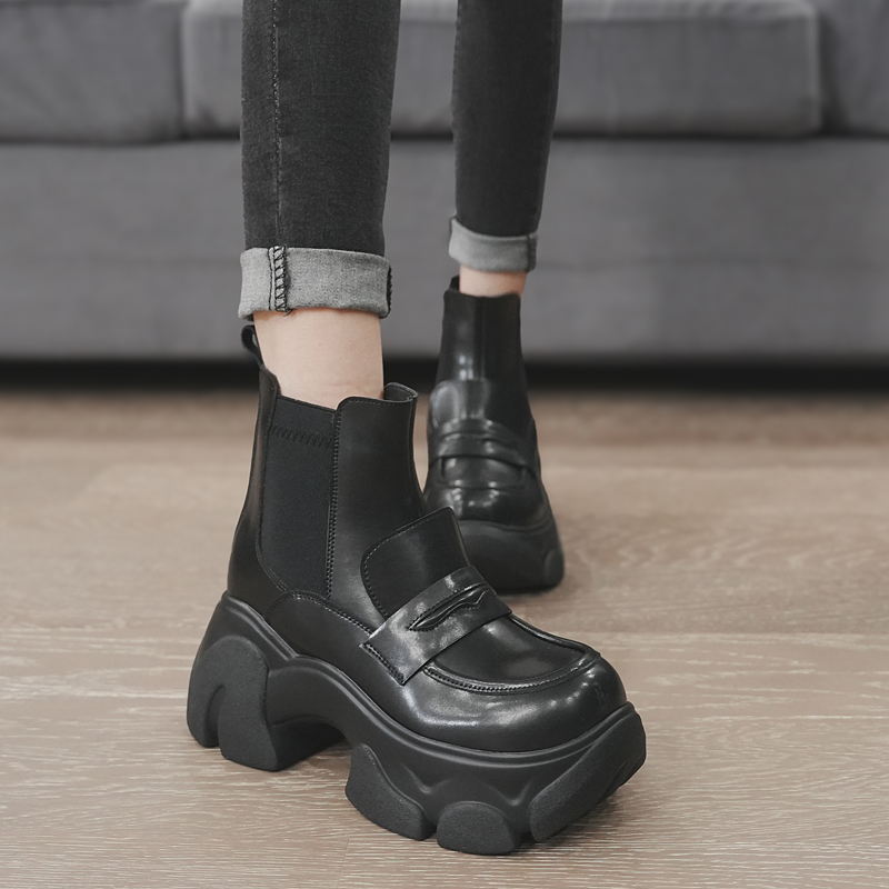 真皮厚底小个子高跟切尔西烟筒靴