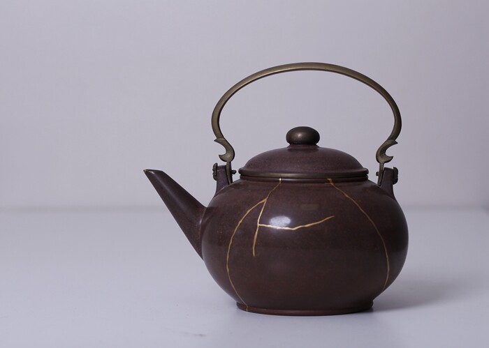 清代紫砂壶 抛光水平壶 金缮修茶壶