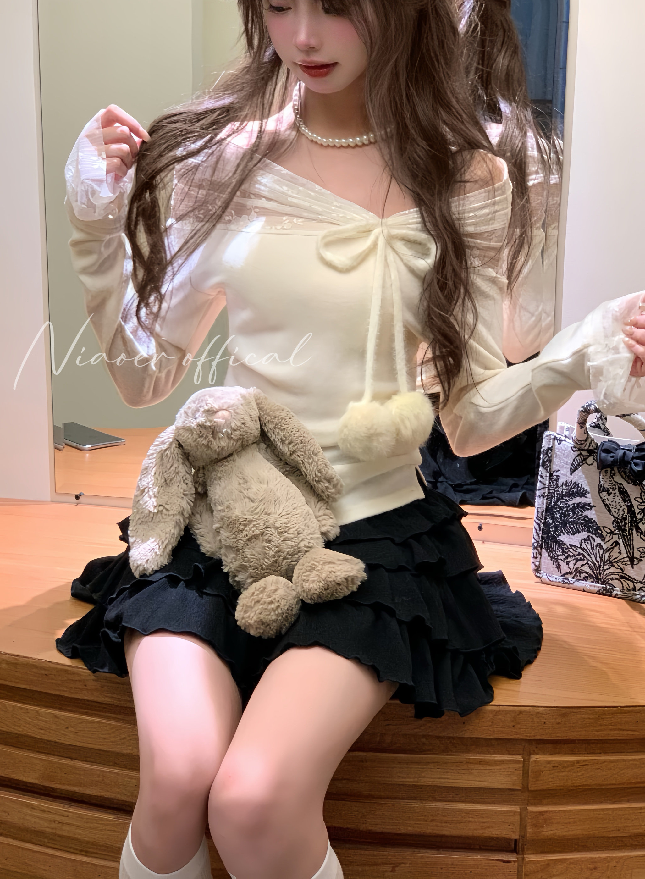 NIAOER原创纯欲甜妹网纱拼接一字露肩打底衫修身奶白针织内搭上衣