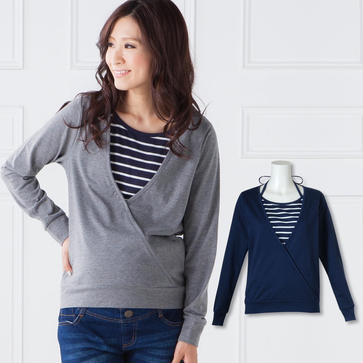 YT110日式长袖孕妇T恤  假两件侧开喂奶T恤哺乳衣W448