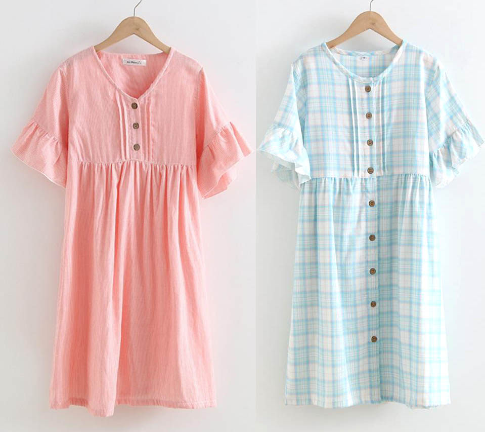夏全棉双层纱布透气孕妇家居服睡裙短袖产妇家居K369