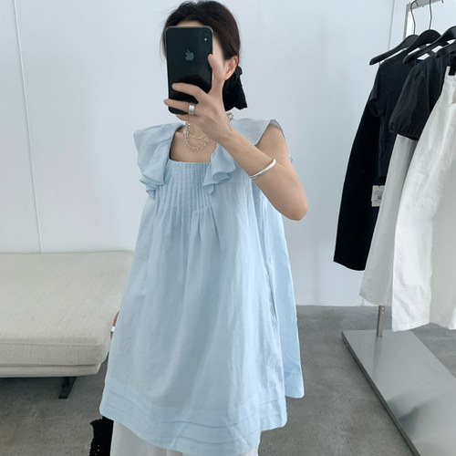 THX夏新款韩系休闲宽松轻熟气质方领褶皱简约飞飞袖连衣裙(无内衬