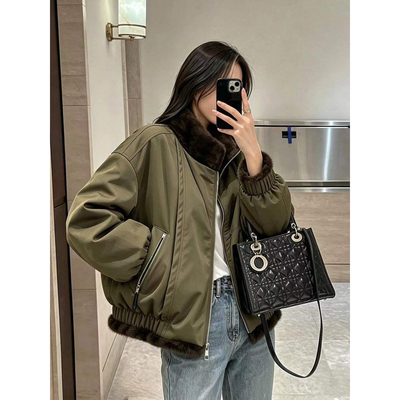 BO秋冬新款韩系翻毛两面穿派克服女毛毛飞行员夹克加厚保暖外套
