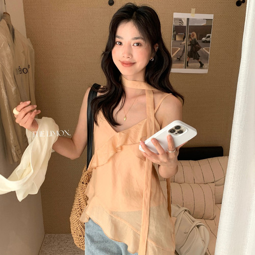 TL夏新款韩系围脖飘带V领吊带衫不规则荷叶边斜苎麻女上衣背心