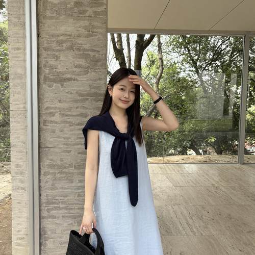 THX夏新款日系老钱风极简苎麻宽松休闲圆领无袖长裙背心连衣裙