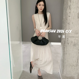 BS夏上新个性低调蕾丝拼接亚麻天丝休闲无袖圆领长款度假裙连衣裙
