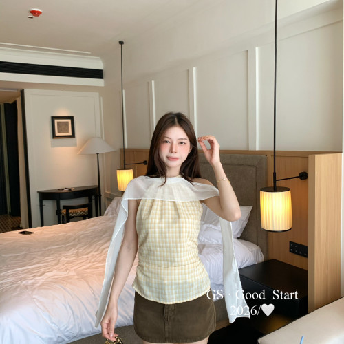 GS夏上新法式气质约会休闲百搭格纹挂脖网纱飘带无袖女上衣小衫