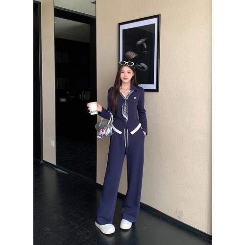 ONL秋季胖mm大码丝巾领两件套女撞色长袖上衣高腰阔腿裤休闲套装