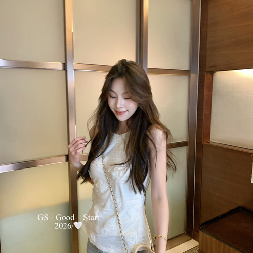 GS夏上新韩系纯色立体花朵休闲百搭收腰背心打底吊带衫女上衣