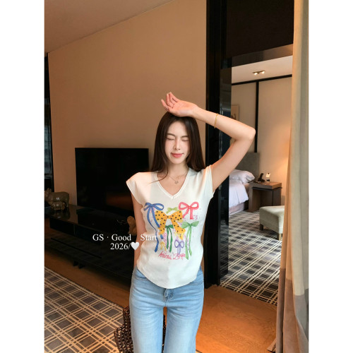 GS2026新款夏韩系彩色甜美印花修身百搭V领超短袖女T恤上衣