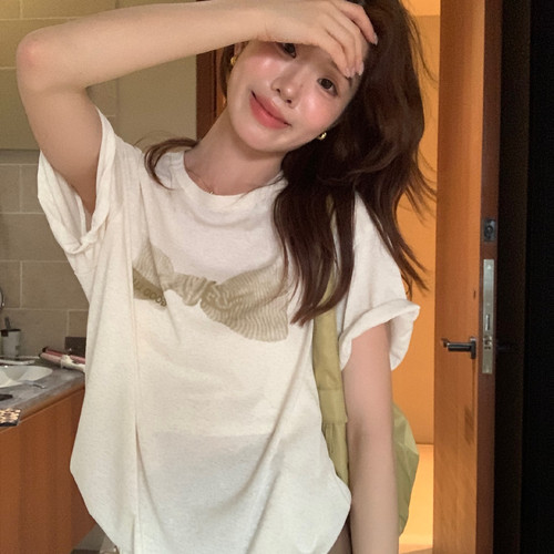 TL夏新款韩系温柔风蝴蝶结图案圆领宽松简约休闲女上衣短袖T恤