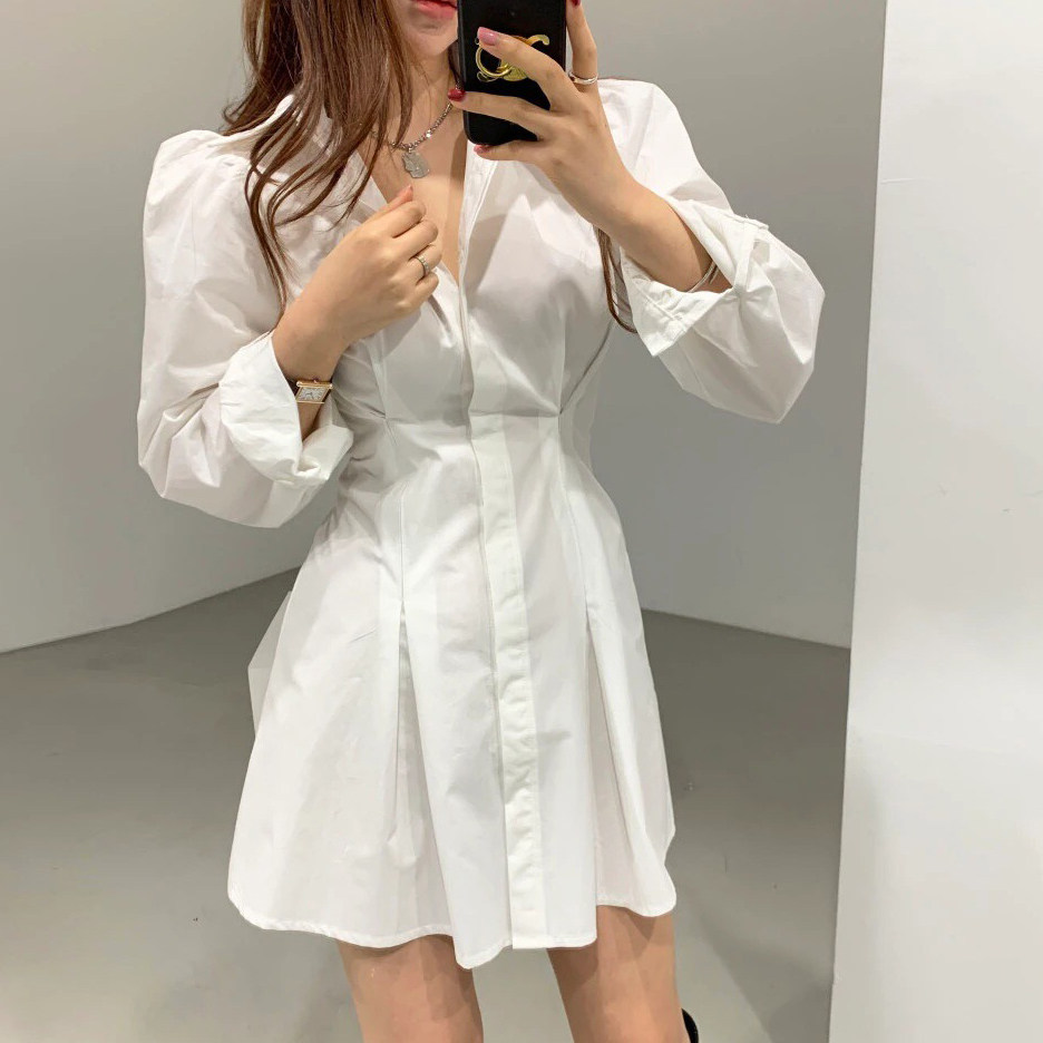 秋新韩系衬衫连衣裙女长袖翻领收腰显瘦百褶A字短裙小个子通勤裙