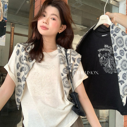 TL夏新款老钱风天丝亚麻印花宽松休闲百搭短袖T恤女上衣(配披肩)