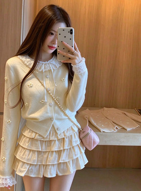 MZ秋冬新款甜美钉珠针织套装女蕾丝拼接开衫毛衣蛋糕短裙两件套