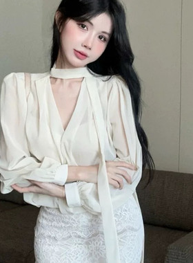 MZ法式气质千金风长袖飘带雪纺衫女上衣蕾丝包臀超短半身裙套装