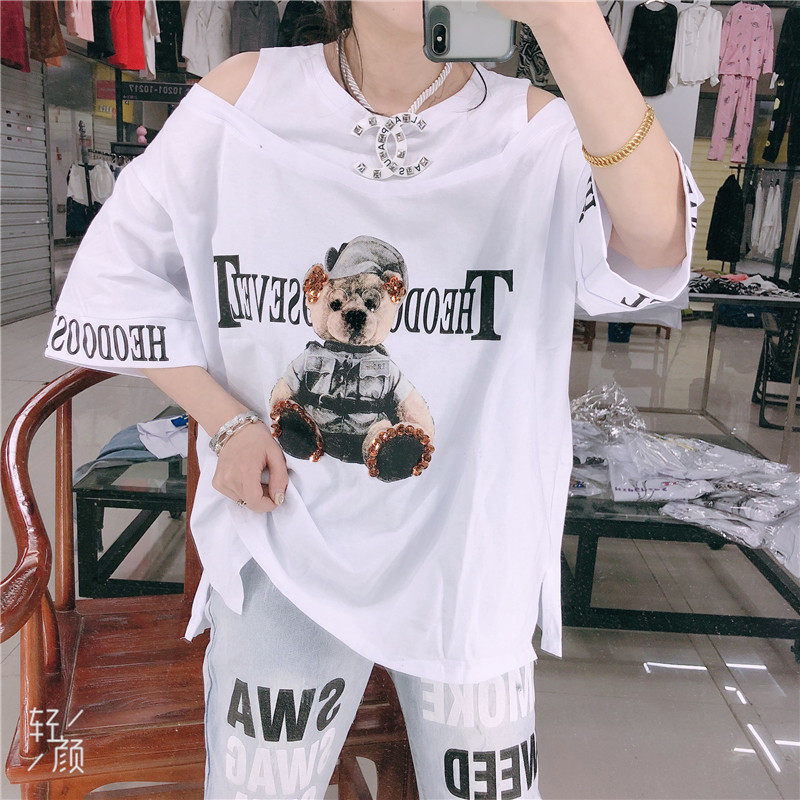 欧洲站春新款宽松t恤女纯棉半袖7分袖小熊图案重工亮片欧货网红款
