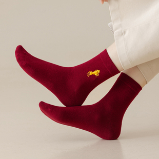 酒红中筒袜本命年红袜子属马年男款 情侣一对喜庆结婚棉袜 女袜薄款