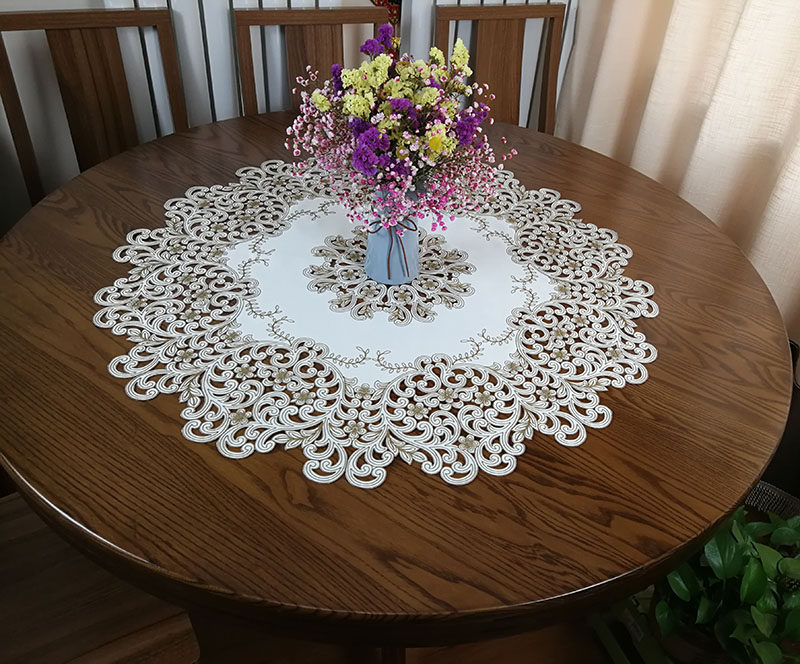 国潮布艺装饰圆桌布欧式田园圆形刺绣镂空餐桌垫装饰盖巾家用台布