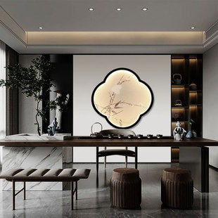 宋式海棠型丝绢灯屏玄关沙发背景茶室酒店会所办公室透光装饰画