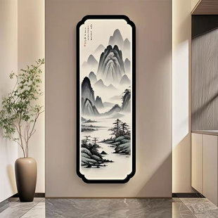 新中式门口玄关背后发光挂画海棠角丝绢灯屏隔断国画荷花九鱼图