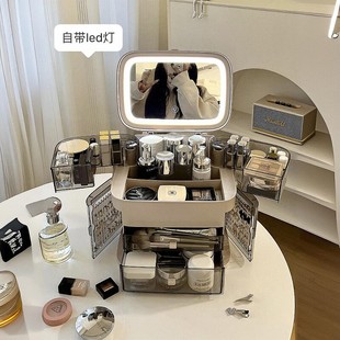 带镜子化妆品收纳盒一体带灯放护肤品的架子桌面抽屉防尘置物架