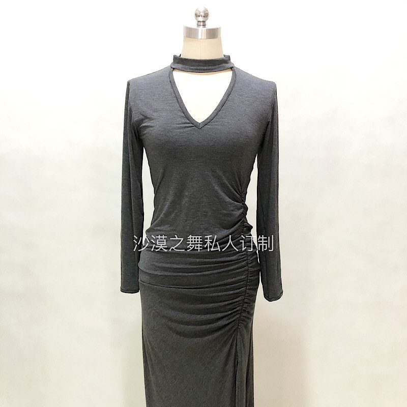 肚皮舞裙连身裙练功服练习服演出蕾丝裙子雪纺纱袖仙气天蓝套装
