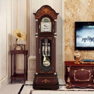 德国赫姆勒家用实木落地钟中式 美式 别墅立座钟客厅复古描金线机械