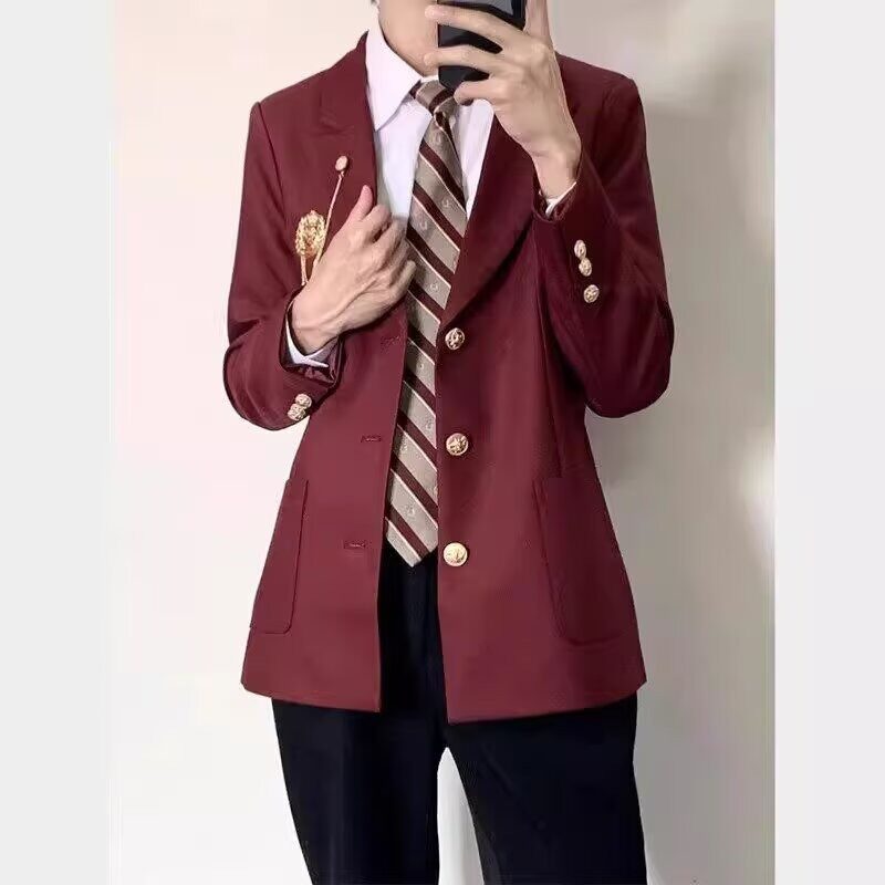 原创男生dk西装制服外套JK毕业日系学院风校供感西服红色开衫外衣图片