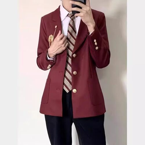 原创男生dk西装制服外套JK毕业日系学院风校供感西服红色开衫外衣