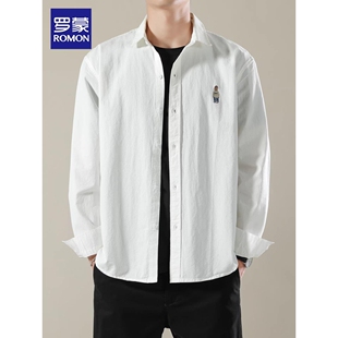 今年流行的清新刺绣长袖衬衫男士春秋新款韩版百搭青年翻领上衣男