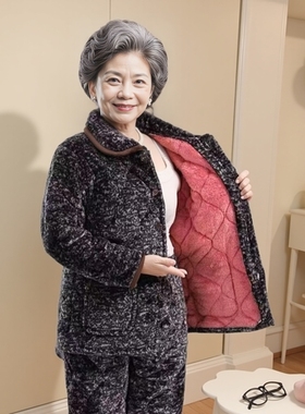 老人睡衣女奶奶加绒加厚法兰绒睡衣睡裤居家服夹棉珊瑚绒睡衣套装