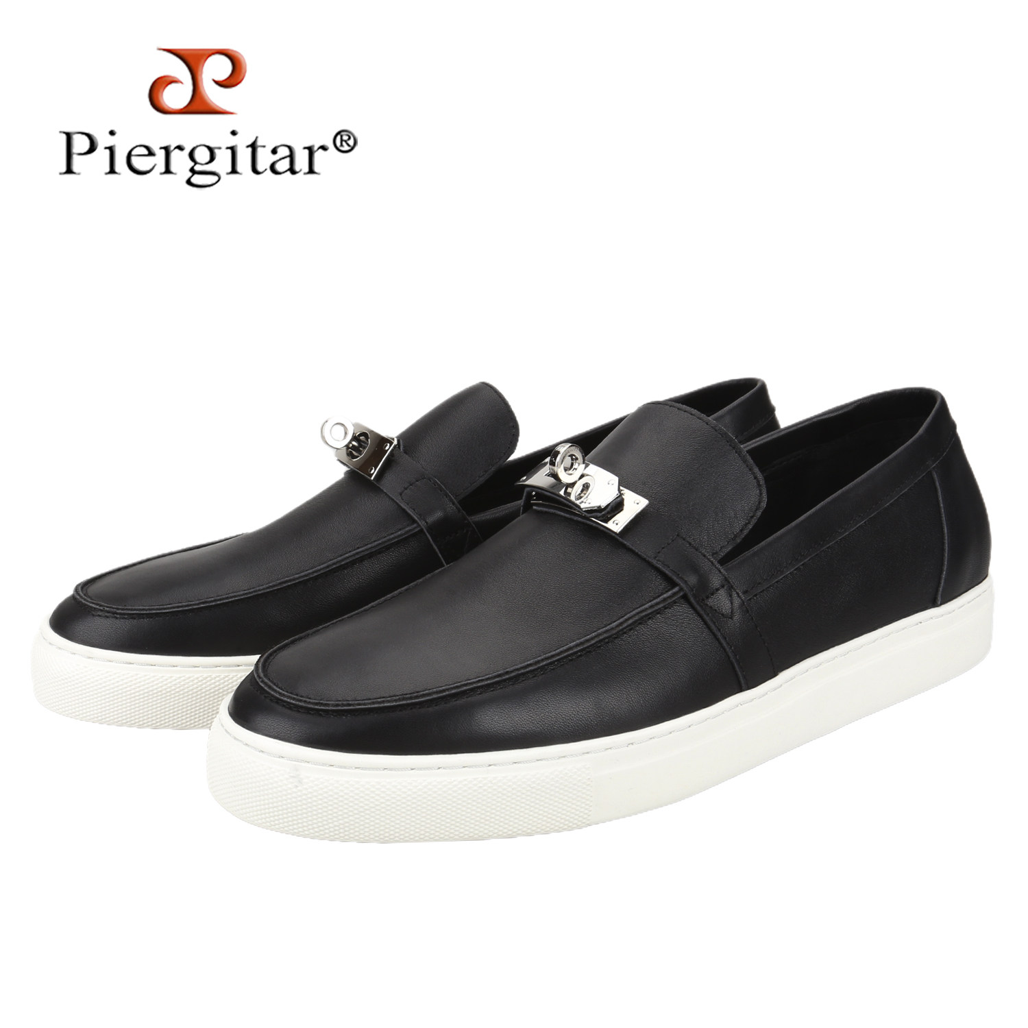 黑白头层牛皮男士休闲板鞋定制大牌钥匙金属扣一脚蹬白色厚底鞋男