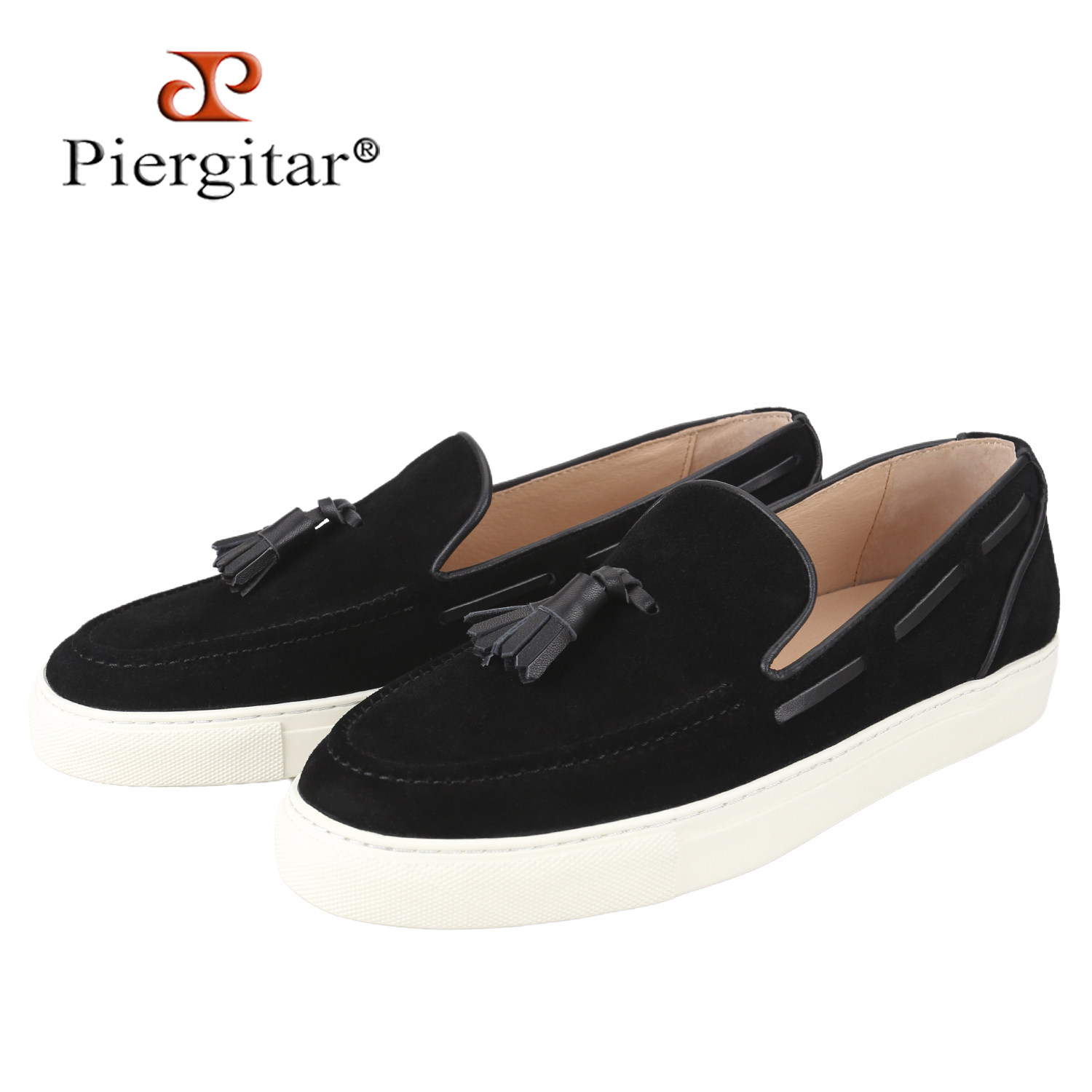 黑色进口头层磨砂皮一脚蹬休闲板鞋男手工牛皮流苏经典白色厚底鞋