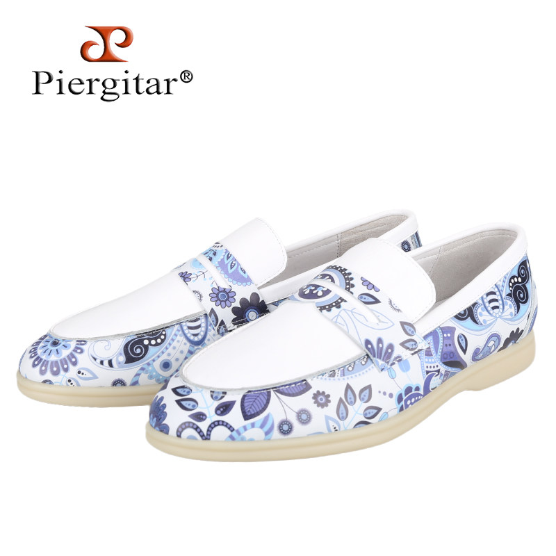 进口腰果花印花头层牛皮拼白色真皮男士便士乐福鞋一脚蹬懒人鞋男