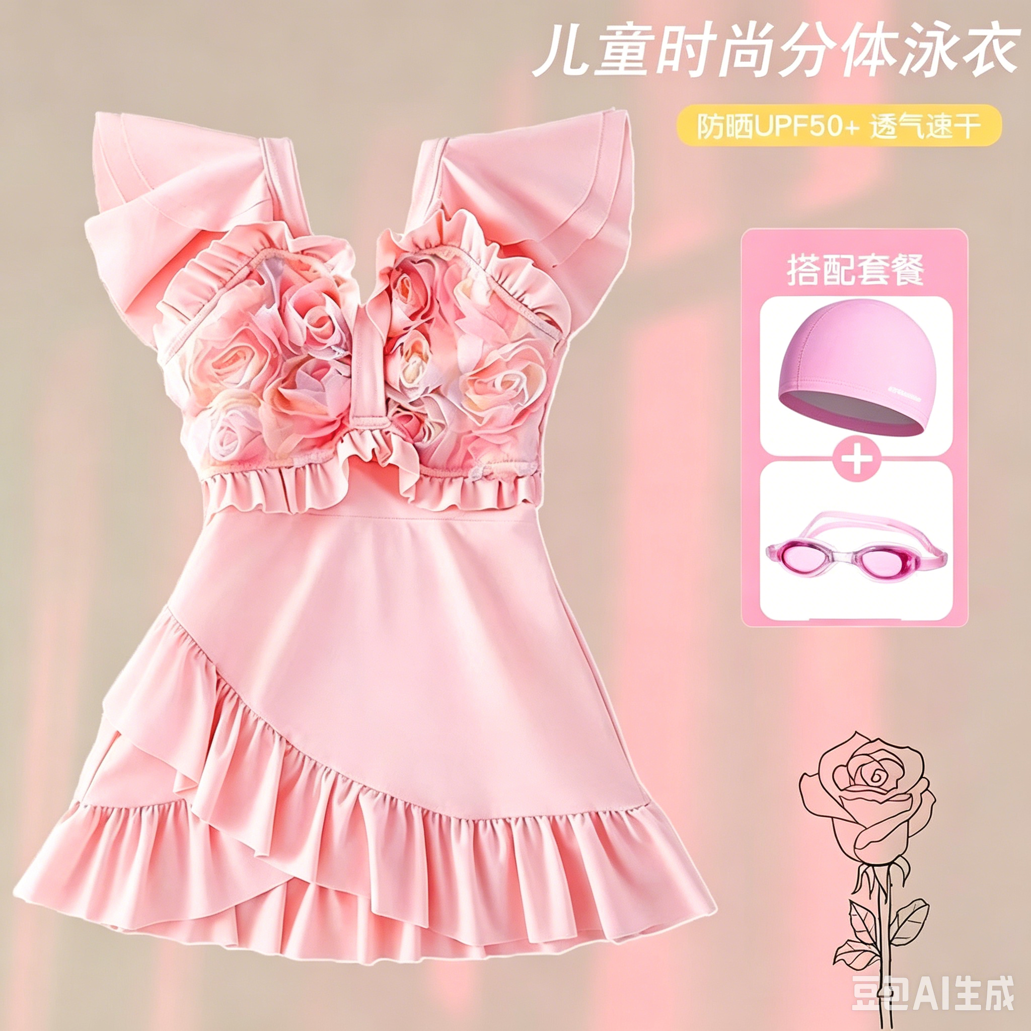 儿童女生泳衣短袖连体泳衣裙式带安全裤防走光立体游泳衣保守泳装