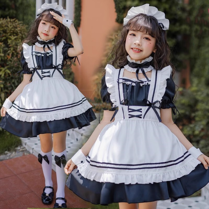 日本女童黑白色经典女仆装童装萝儿童演出服