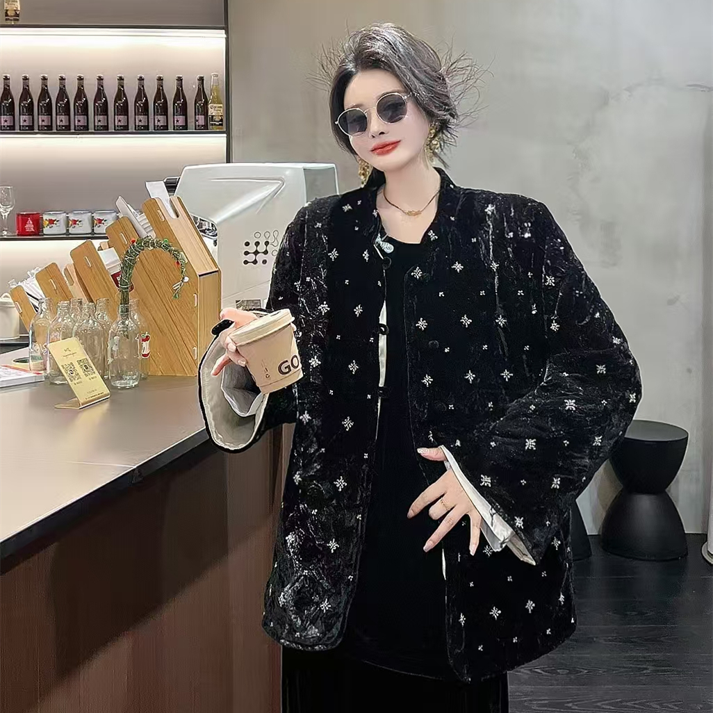大码新中式宽松烫钻棉服外套