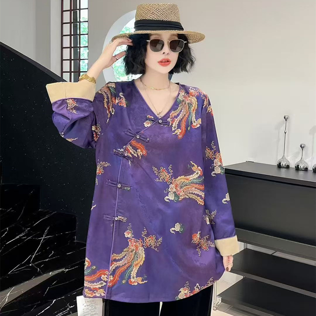 大码宽松新中式斜襟印花吊坠衬衫