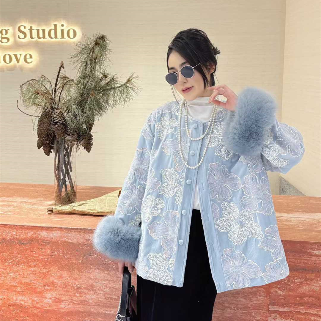 大码中国风丝绒刺绣棉服外套女