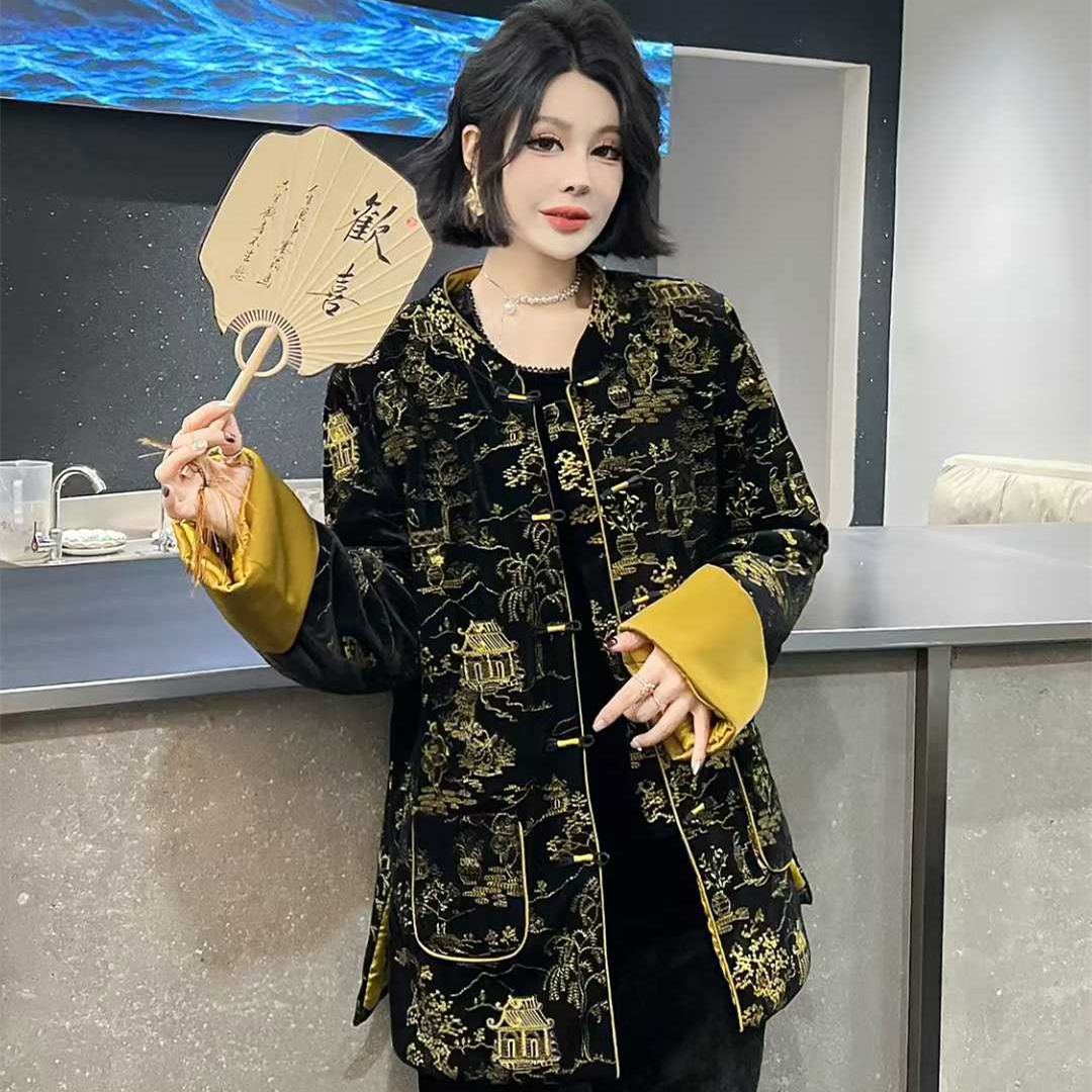 重工烟雨江南丝绒刺绣大码外套