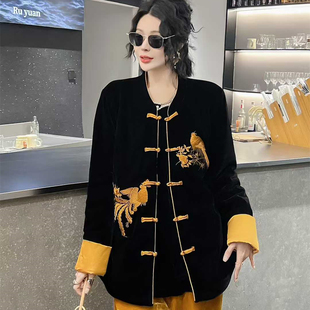 中式国风丝绒大码夹棉外套盘扣冬季新款刺绣复古上衣特大码棉服女