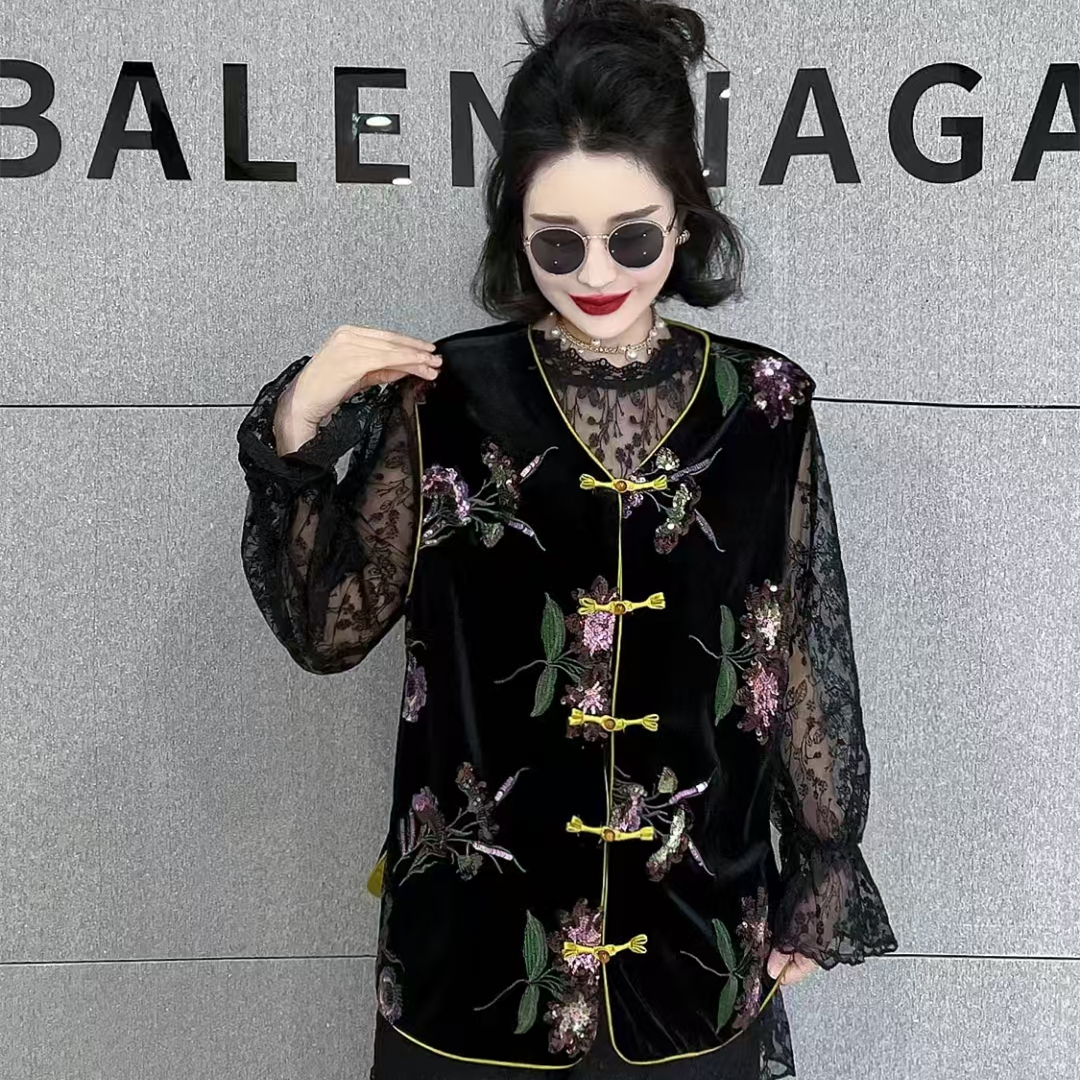 大码盘扣中国风刺绣亮片马甲马夹