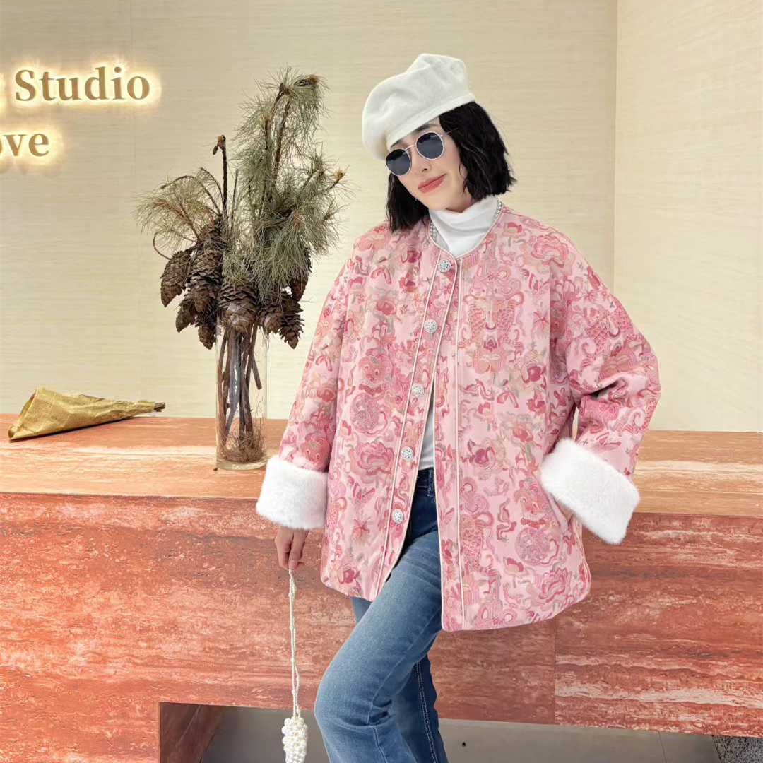 大码中国风缎面提花棉服外套女