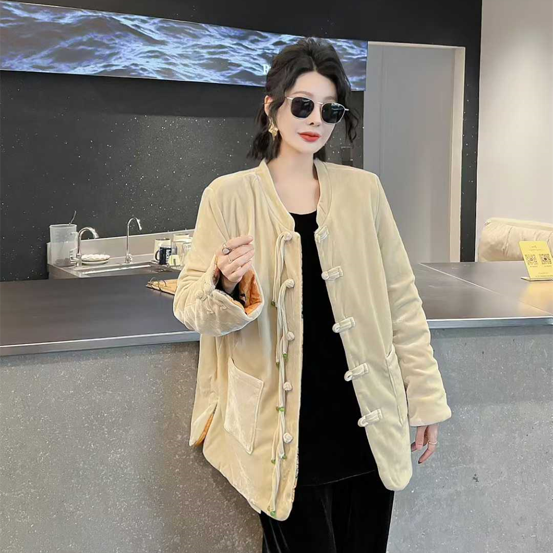 大码中国风丝绒拼接棉服纯色外套